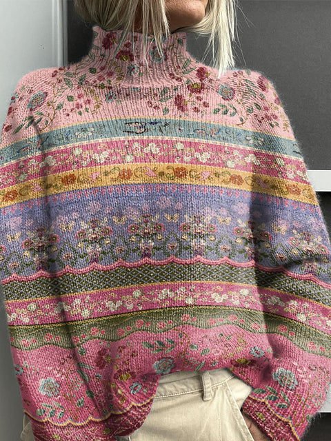 Horizontal Floral Decorative Pattern Knit Turtleneck Pullover Sweater