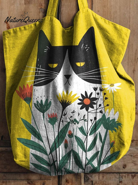 Cat In Spring Floral Garden Graphic Printed Linen Tote Bag