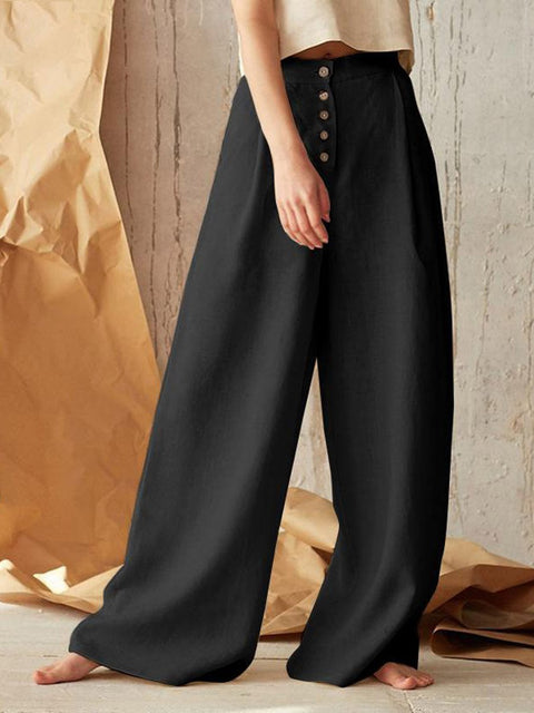 Women's Solid Color High Waist Casual Buttoned Cotton and Linen Wide Leg Pants