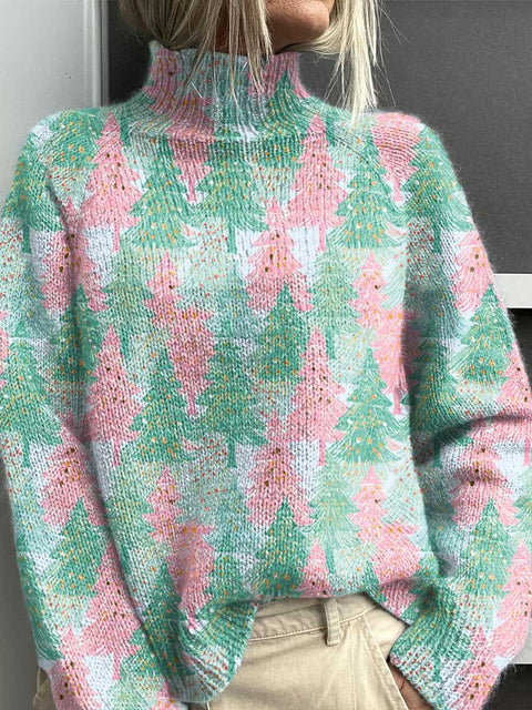Women's Lovely Christmas Tree Art Print Knit Turtleneck Pullover Sweater