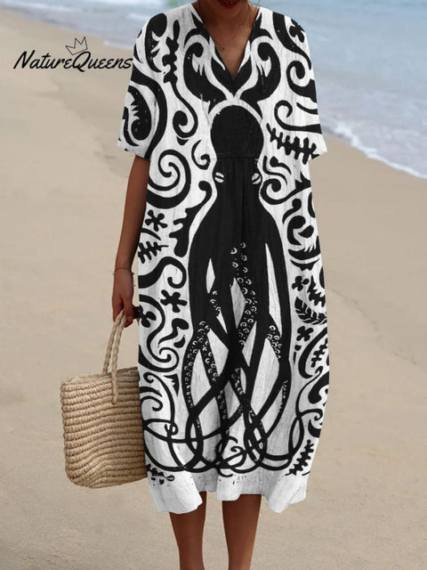 Black Octopus Decorative Pattern Flowy Dress