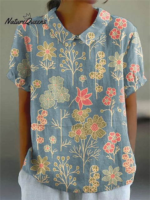 Women's  Flower  Art Print Casual Cotton And Linen Shirt