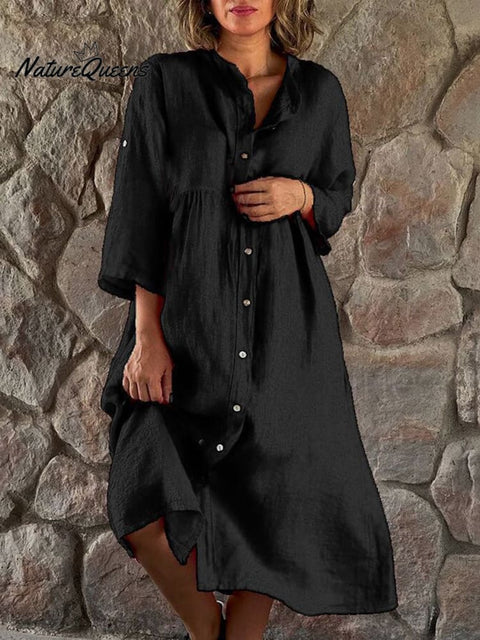 Cotton And Linen Casual Stand - Up Collar Button - Down Dress Black / S