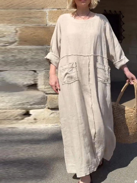 Women's Round Neck Solid Color Cotton And Linen Long Sleeve Pocket Casual Pleated Dress