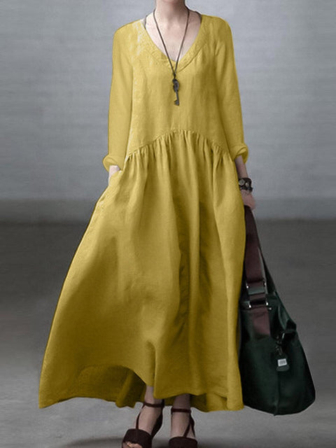 Women's Stylish Casual Loose Long Sleeve Solid Color V-neck Elegant Long Dress