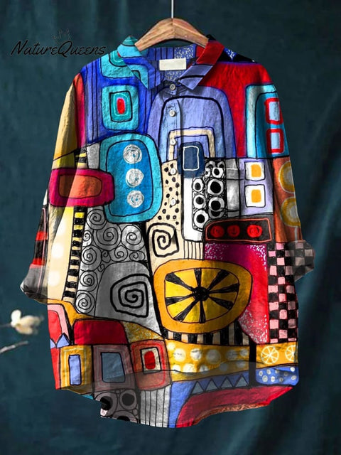 Abstrct Art Printed Women's Casual Cotton And Linen Shirt