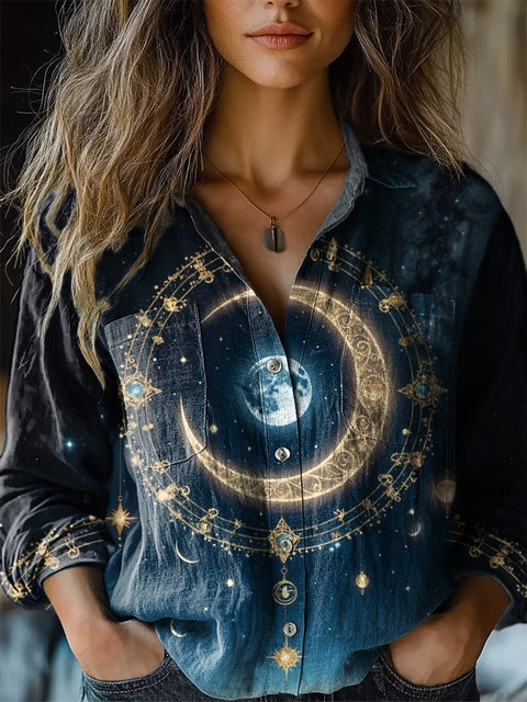Astrology Midnight Star And Moon Art Printed Women's Casual Long Sleeve Comfortable Cotton Shirt