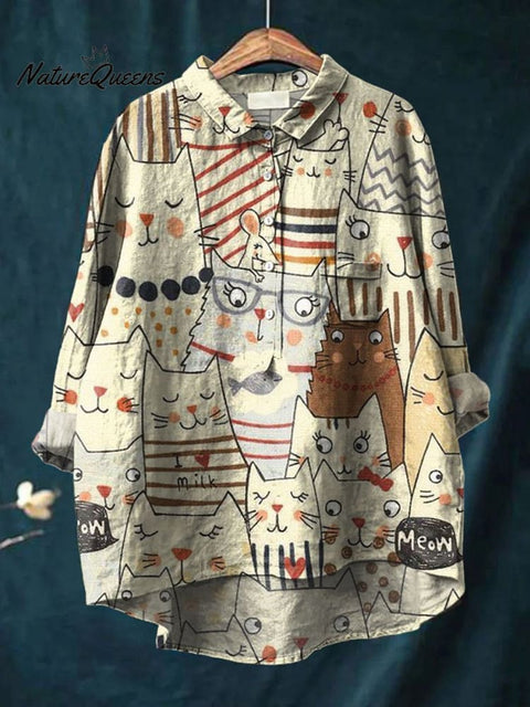Women's Cute Cat Print Casual Cotton And Linen Shirt