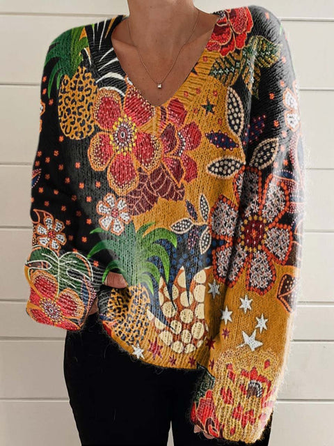 Contrasting Bright Floral Pattern Casual V-neck Pullover Knit