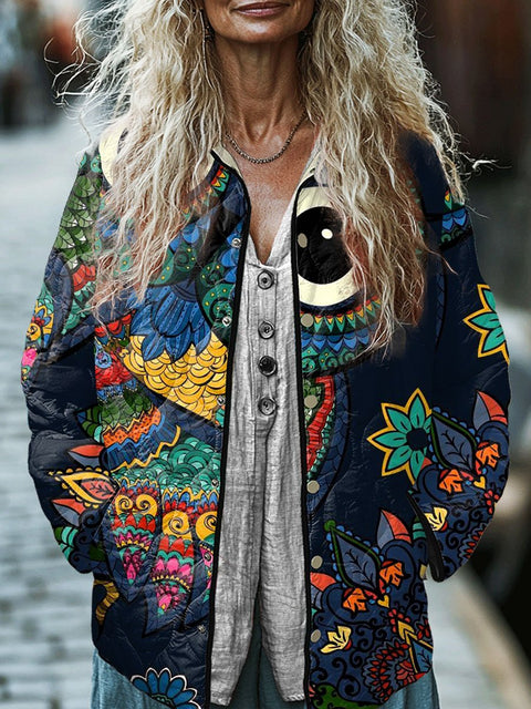 Women's Retro Owl Print  Casual Quilted Jacket
