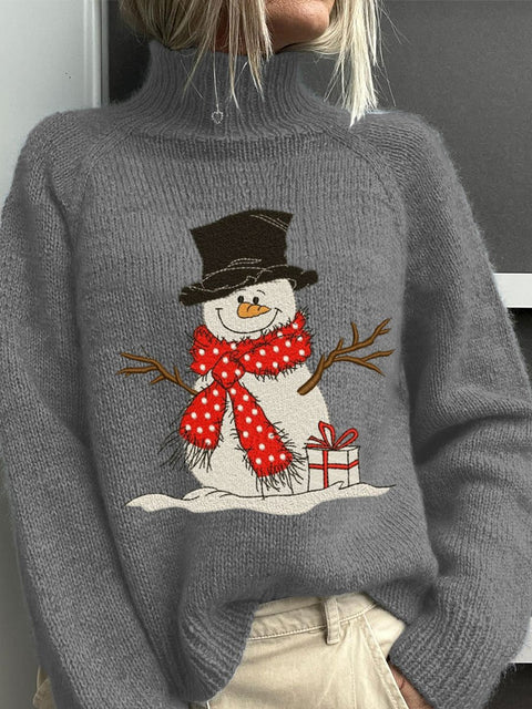Embroidery Snowman Christmas Art Print Knit Turtleneck Pullover Sweater
