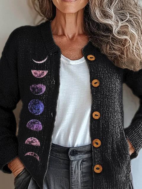 Cycle Of The Moon Art Printed Buttoned Cardigan Sweater