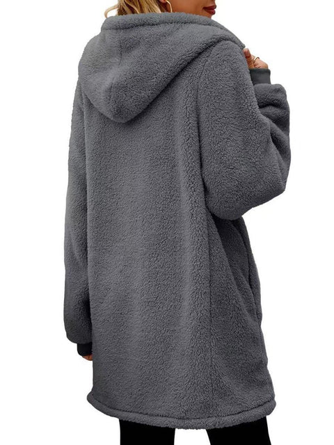 Women's Stylish Casual Long Sleeve Solid Color Loose Plush Hooded Zip Cardigan Coat