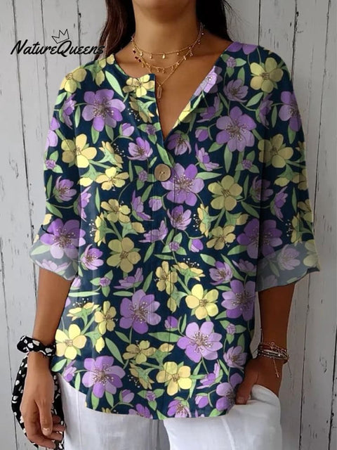 Retro Style Purple And Yellow Floral Pattern Printed Women's Casual Cotton Linen Shirt