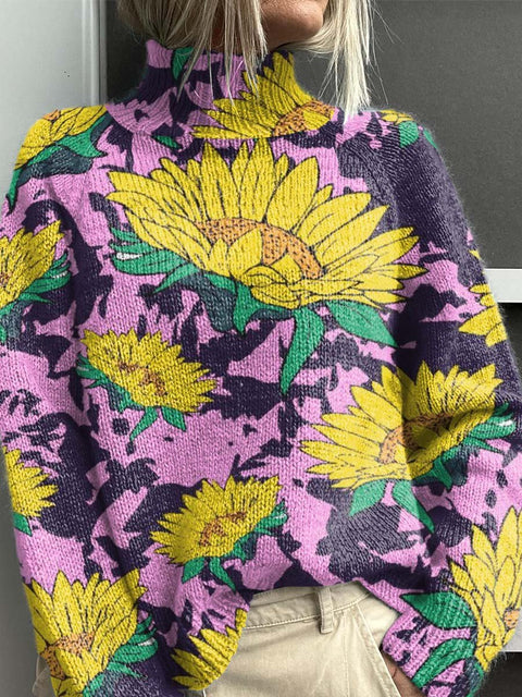 Contrast Yellow Sunflower Pattern Knit Turtleneck Pullover Sweater