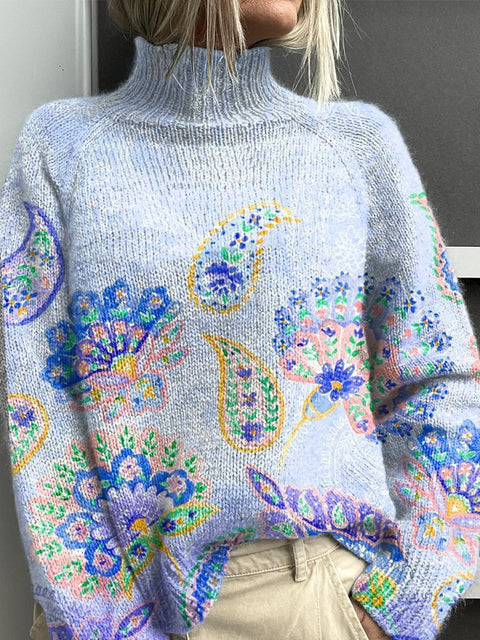 Blue Gradient Paisley Pattern Print Knit Turtleneck Pullover Sweater
