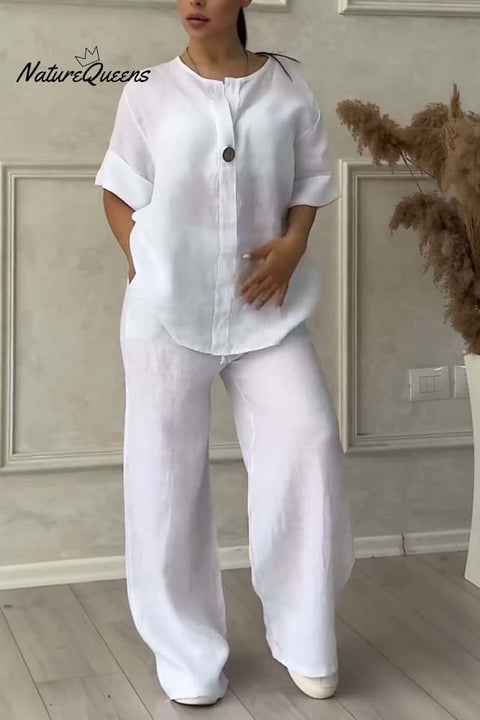 Casual button decorated cotton and linen two-piece set