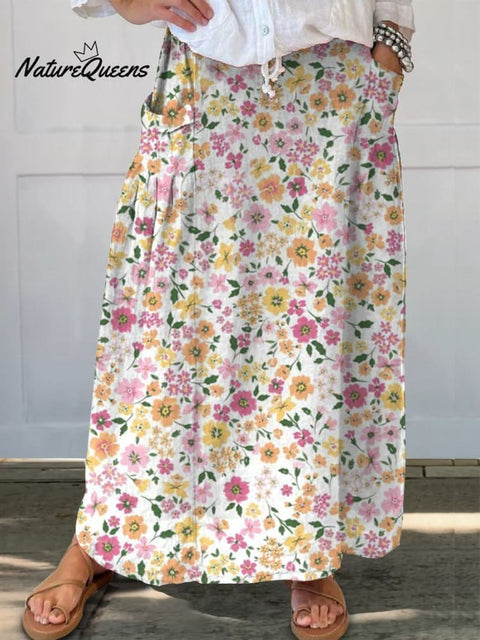 Lovely Floral Field Pattern Printed Women's Linen Pocket Skirt