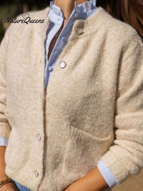 Women's Solid Color Round Neck Loose Thickened Cardigan