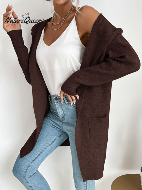 Autumn and Winter Women's Hooded Pit Knitted Sweater Cardigan Jacket