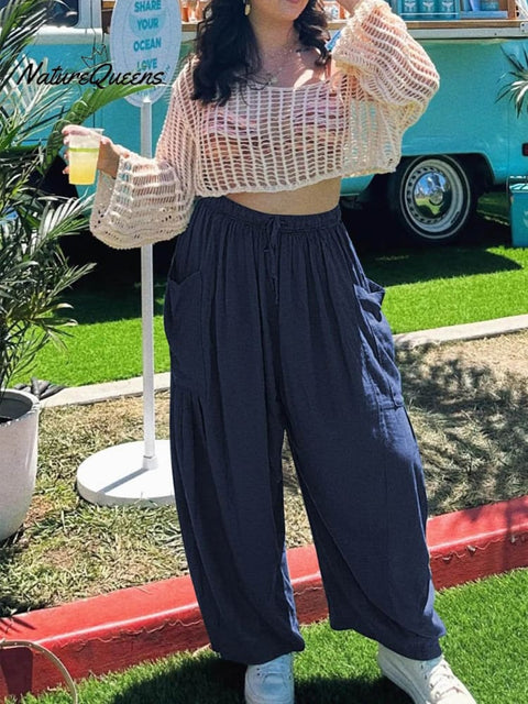 Women's Stylish Casual Fashionable Elastic Waist Loose Cotton Linen Pants