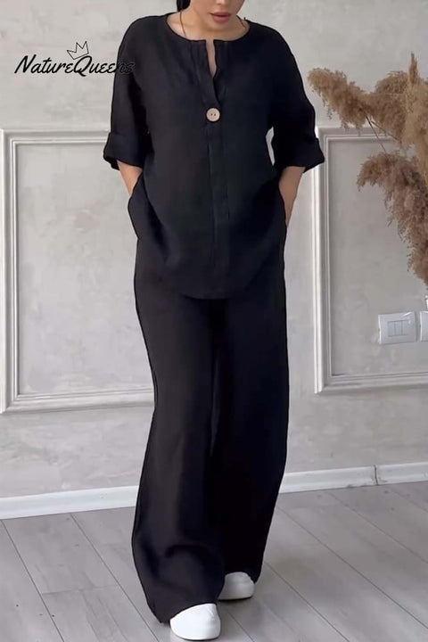 Casual button decorated cotton and linen two-piece set