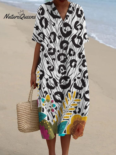 Black and White Leopard Print and Floral Collage Decorative Pattern Flowy Dress