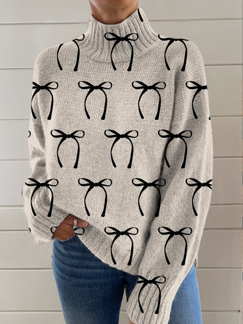 Black Minimalist Bow Print Knit Turtleneck Pullover Sweater