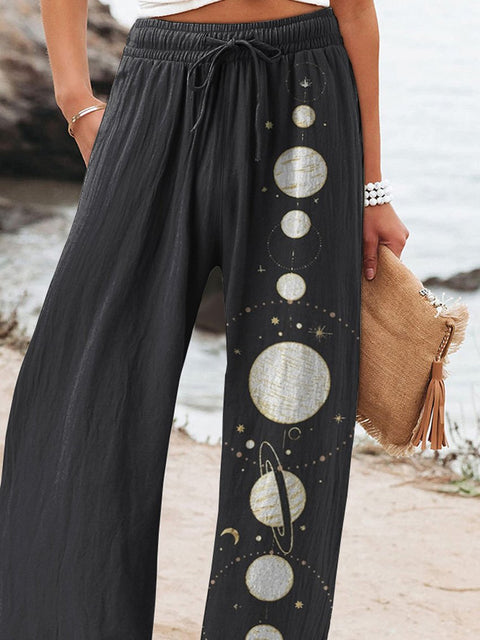 Track Of The Moon Graphic Printed Women's Cotton And Linen Casual Pants