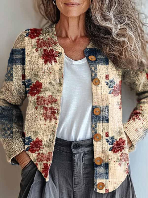 Women's Lovely Christmas Floral Art Print Buttoned Cardigan Sweater