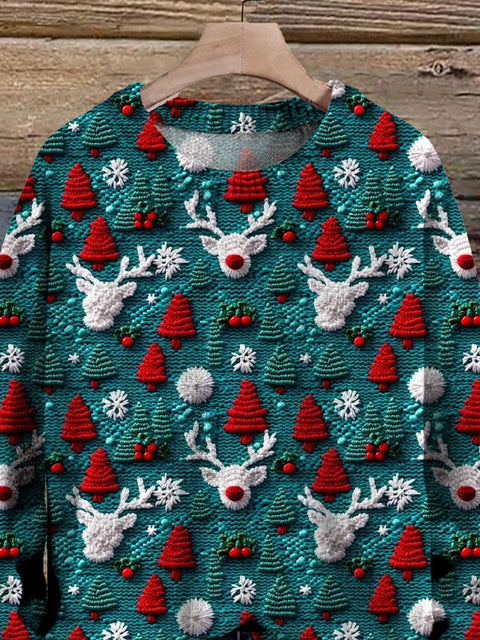 3D Reindeer Knit Stitch Pattern Printed Knit Pullover Sweater