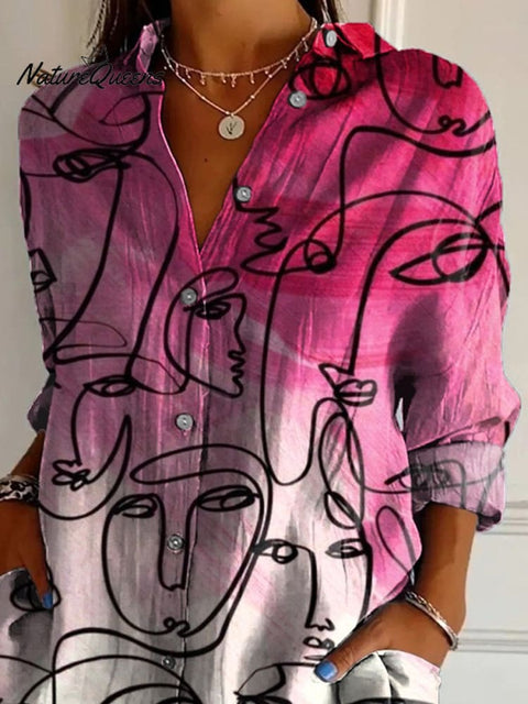 Abstract Geometric Portrait Pattern Printed Women's Casual Cotton Shirt