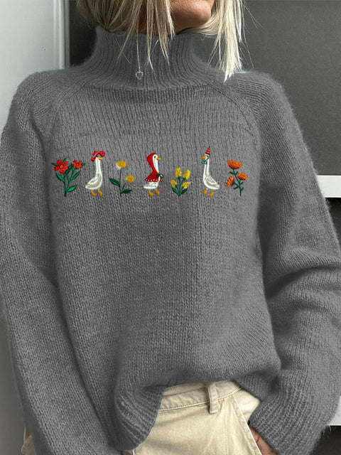 Embroidery  Goose Flower Christmas Art Print Knit Turtleneck Pullover Sweater