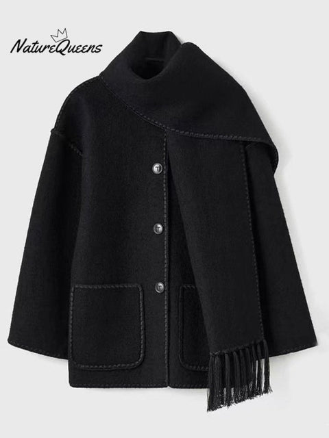 Women's Thickened Loose Woolen Coat with Scarf and Tassels