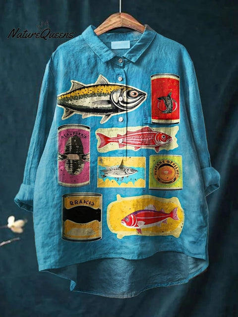 Women's Fish  Art Print Casual Cotton And Linen Shirt