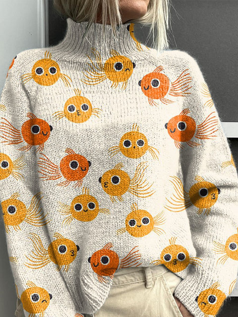 Cute Little Yellow Fish Print Knit Turtleneck Pullover Sweater