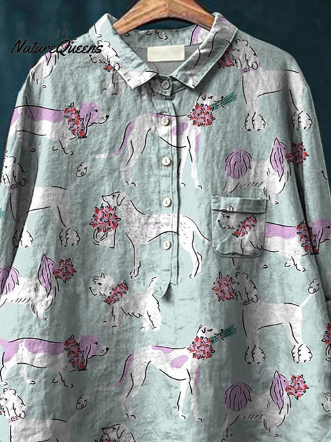 Romantic Puppy Dogs And Floral Bouquet Pattern Printed Women's Casual Cotton And Linen Shirt