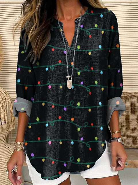 Christmas Light Pattern Printed Women's Casual Linen V-Neck Shirt