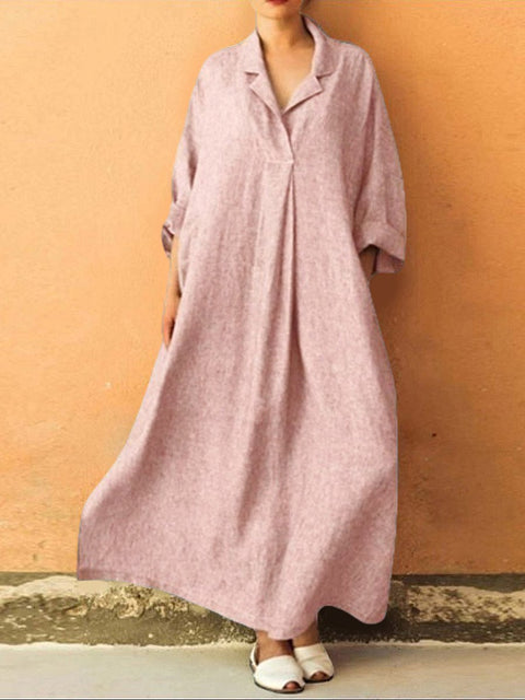 Women's Stylish Casual Loose Long Sleeve Solid Color Cotton And Linen Long Dress