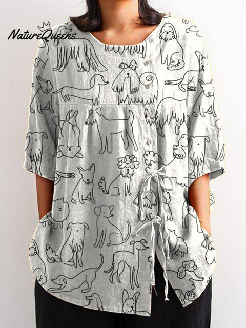 Women's Black and White Line Puppy Print Casual Cotton And Linen Shirt