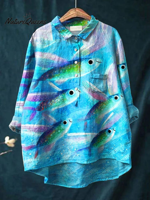 Women's Fish  Art Print Casual Cotton And Linen Shirt