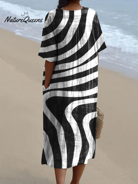 Black And White Abstract Swirl Art Printed Women's Flowy Dress