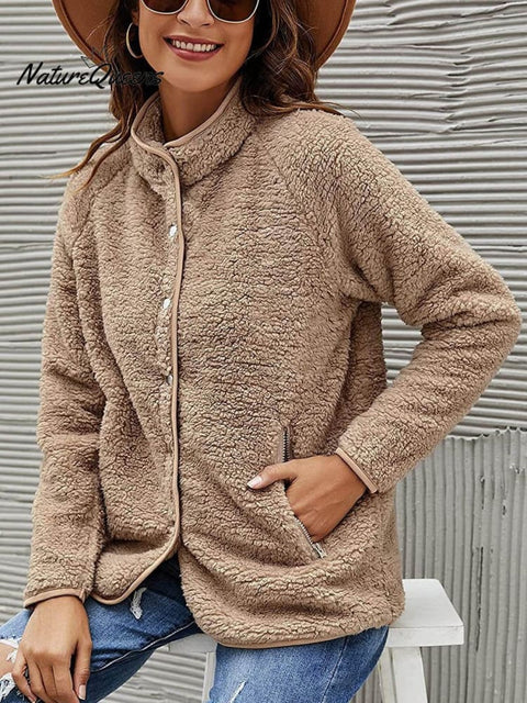 Women's Stylish Casual Fashionable Long Sleeve Solid Color Furry Single Breasted Coat