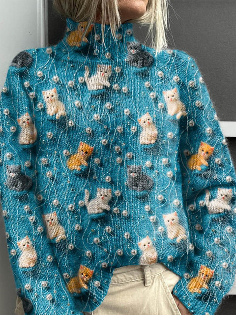 Women's Lovely Cats Art Print Knit Turtleneck Pullover Sweater
