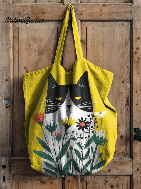 Cat In Spring Floral Garden Graphic Printed Linen Tote Bag