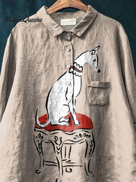 Curious Puppy Dog Printed Women's Casual Cotton And Linen Shirt