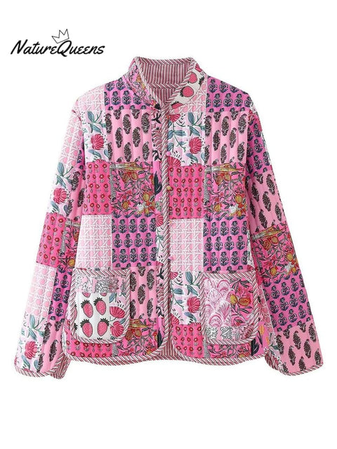 Women's Stand-up Collar Color-block Print Loose Temperament Cotton Jacket