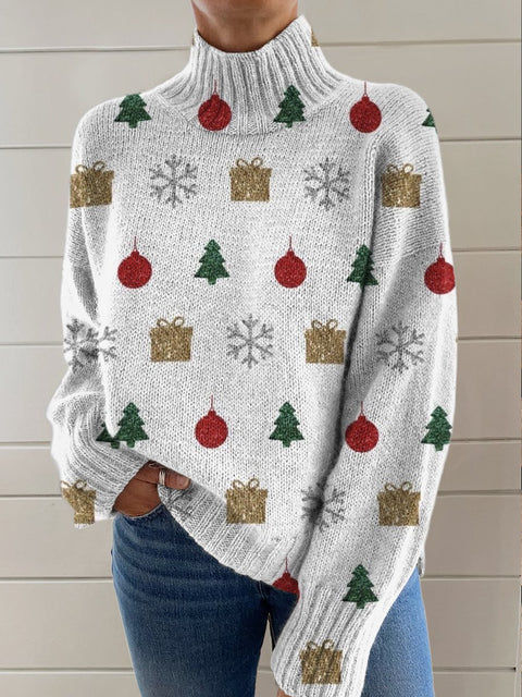 Cute Little Christmas Elements Print Knit Turtleneck Pullover Sweater