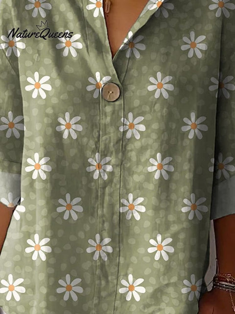 Lovely White Daisy Pattern Printed Women's Casual Cotton Linen Shirt