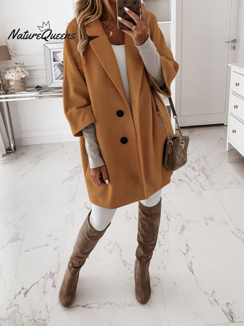 Autumn and Winter Three-quarter Sleeve Button Lapel Pocket Woolen Jacket